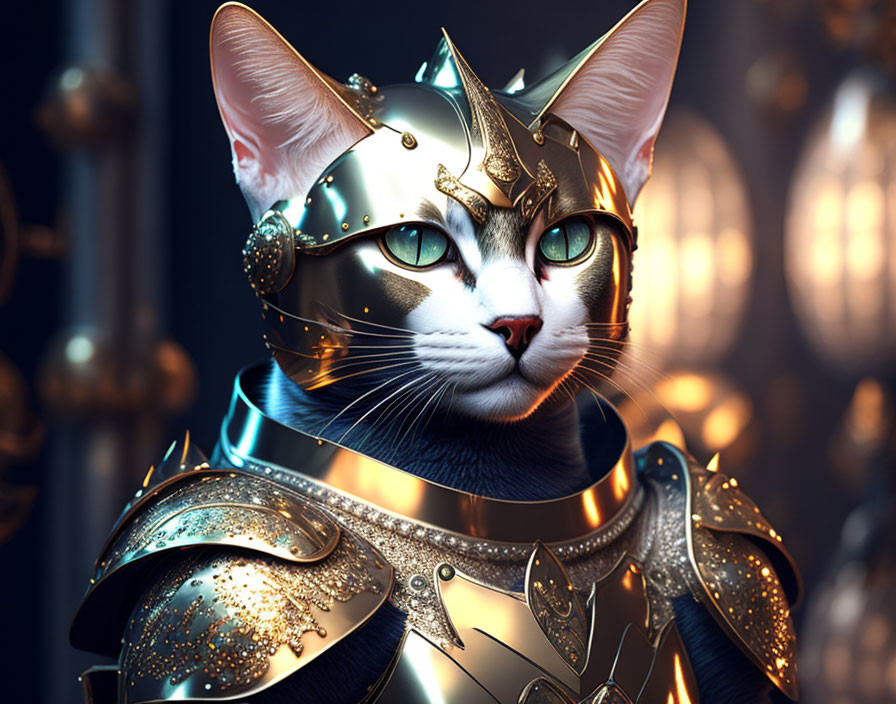 Digital artwork featuring cat in golden armor with green eyes