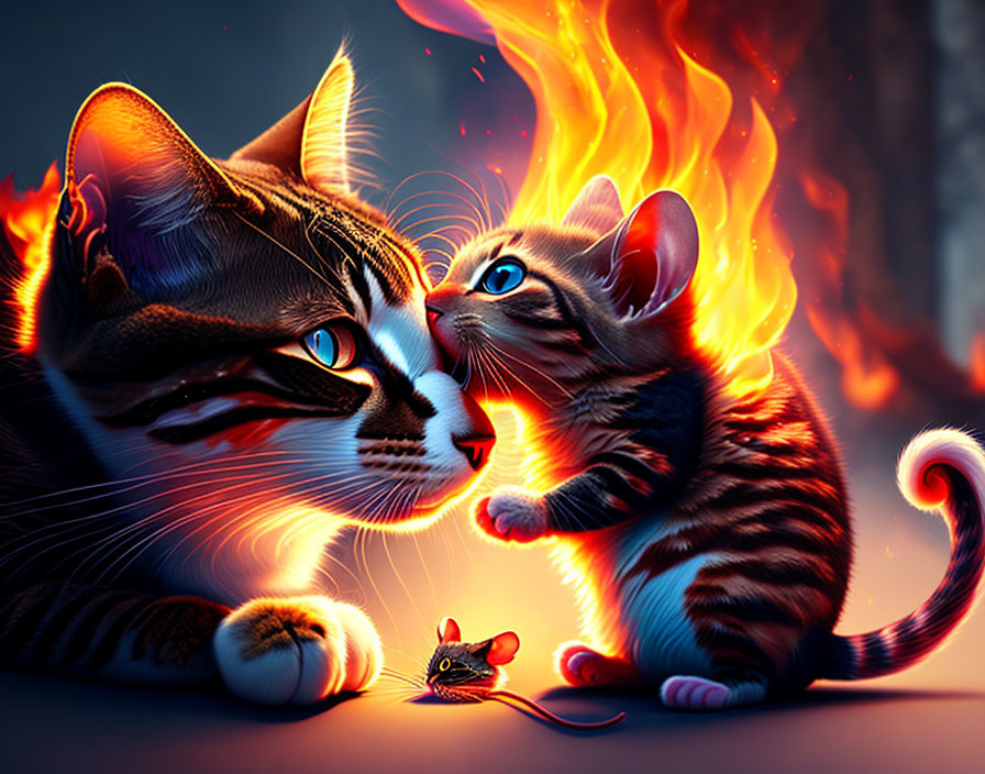 Large and small cats with mouse in mystical flames