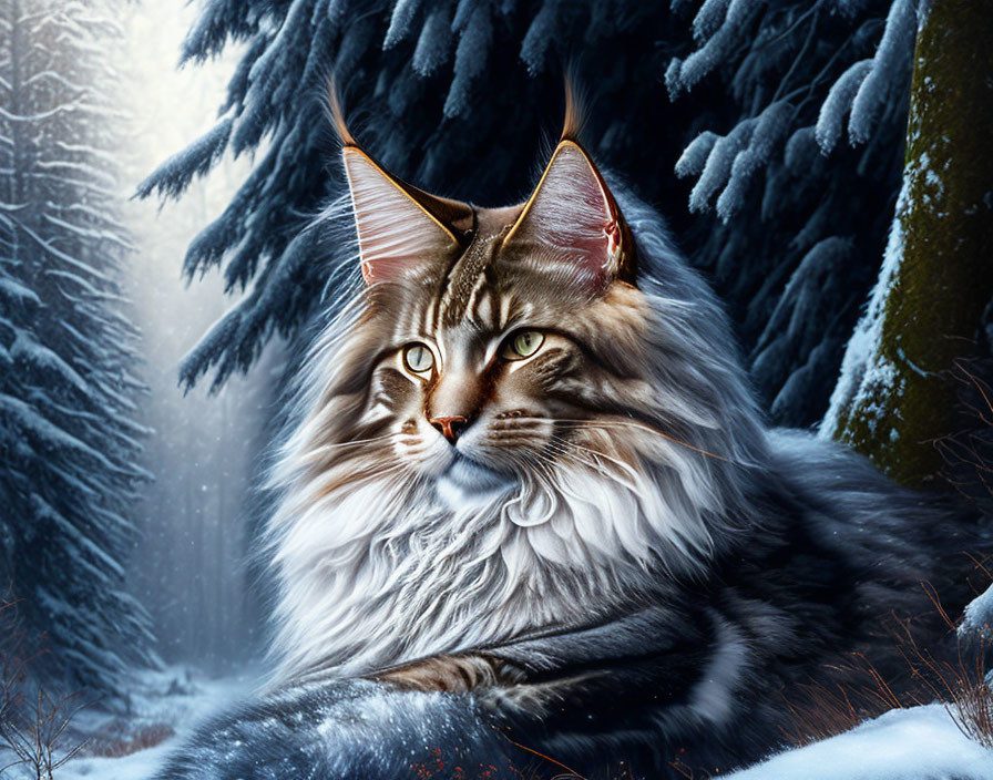 Long-Haired Cat with Amber Eyes in Snowy Forest