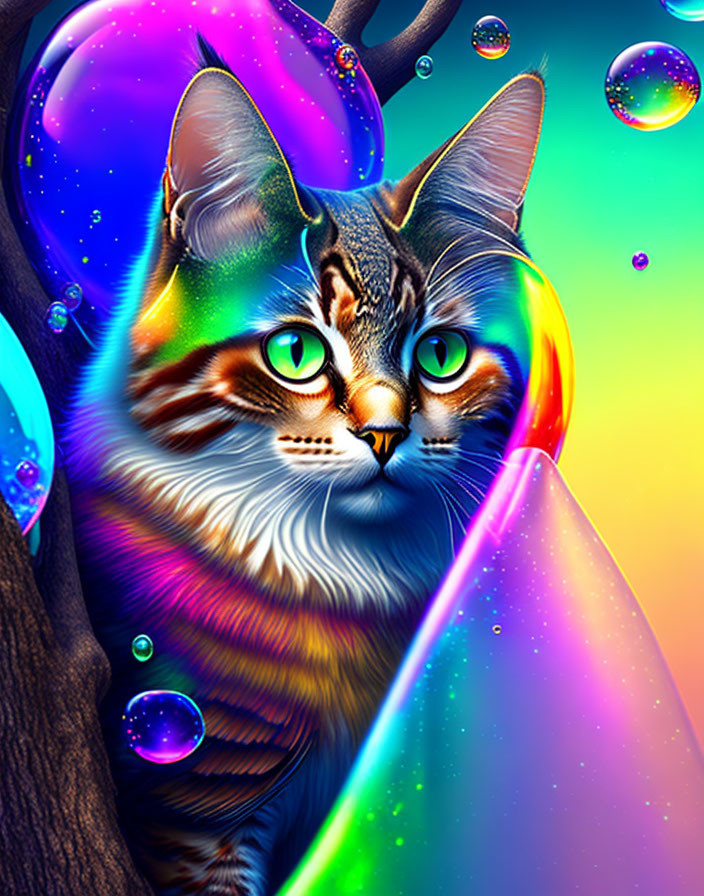 Colorful surreal cat with rainbow hues and cosmic bubbles on vibrant backdrop