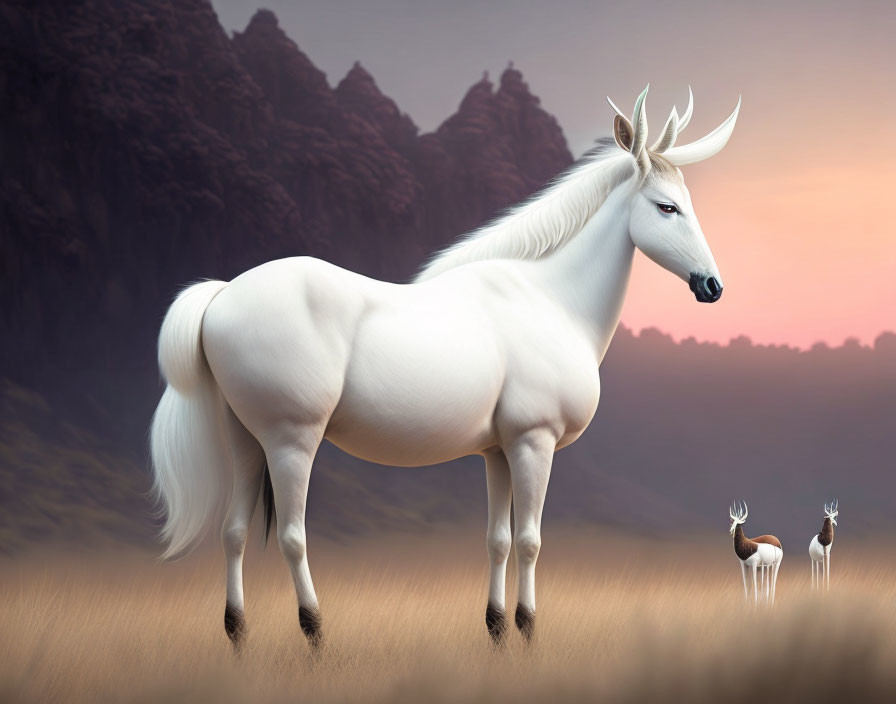 White Unicorn with Long Mane in Misty Mountain Landscape at Dusk