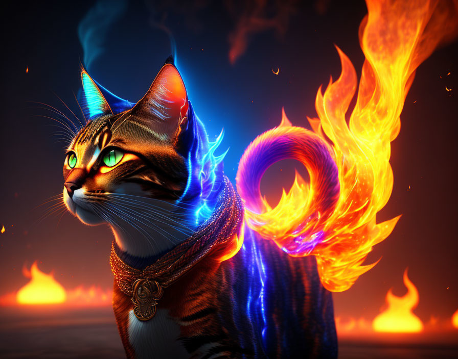 Digital Cat Artwork: Stylized feline with fiery tail and intense gaze