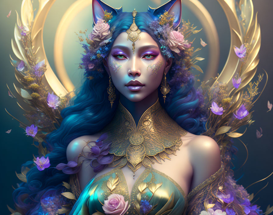 Fantasy illustration of a blue-skinned woman with cat-like ears and ornate golden jewelry