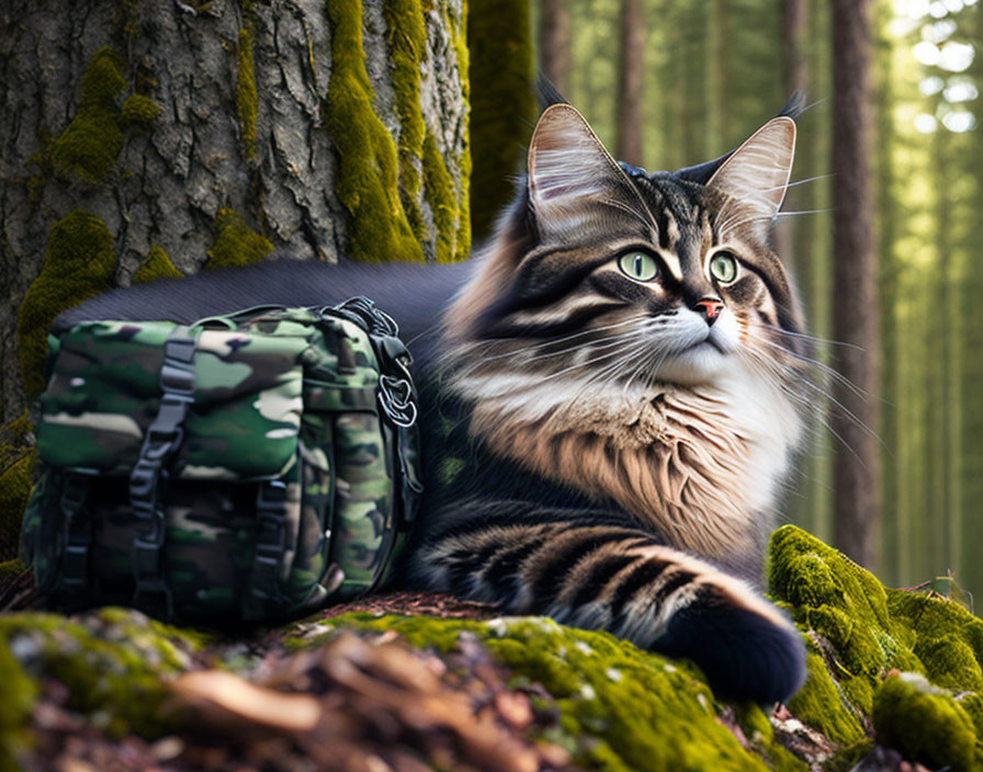 Tabby cat with unique fur patterns beside camouflaged backpack in forest.