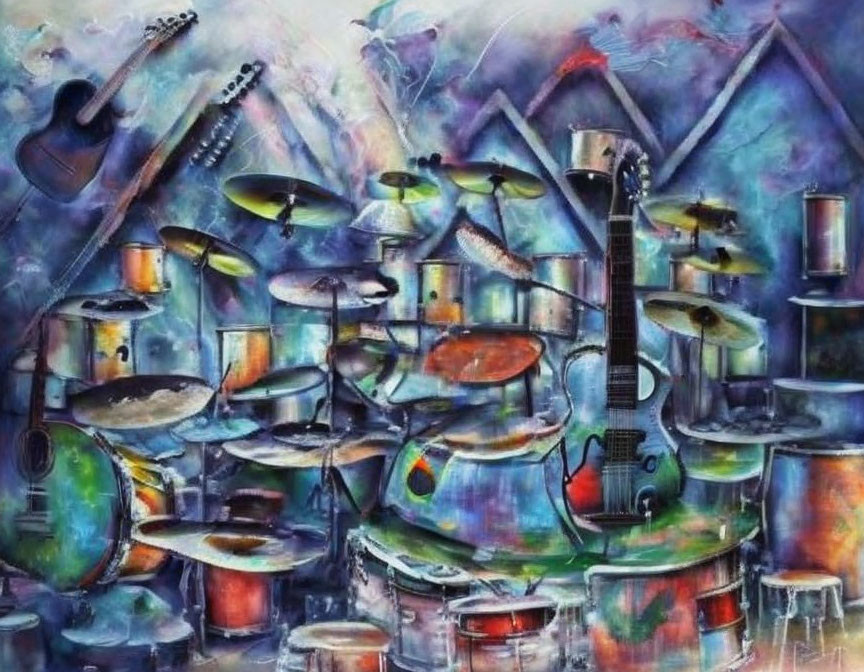 Vibrant abstract painting of drum set and guitars with swirling shapes