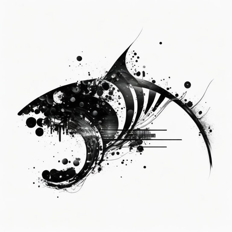 Monochromatic fish painting with dynamic splatters and brush strokes