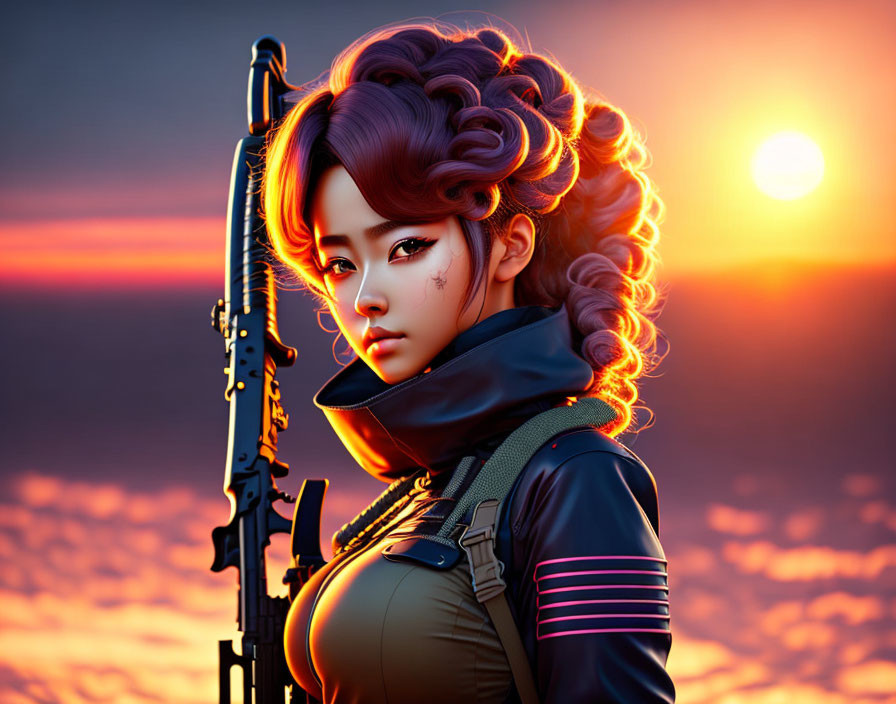 Elaborately styled female character with rifle in sunset scene