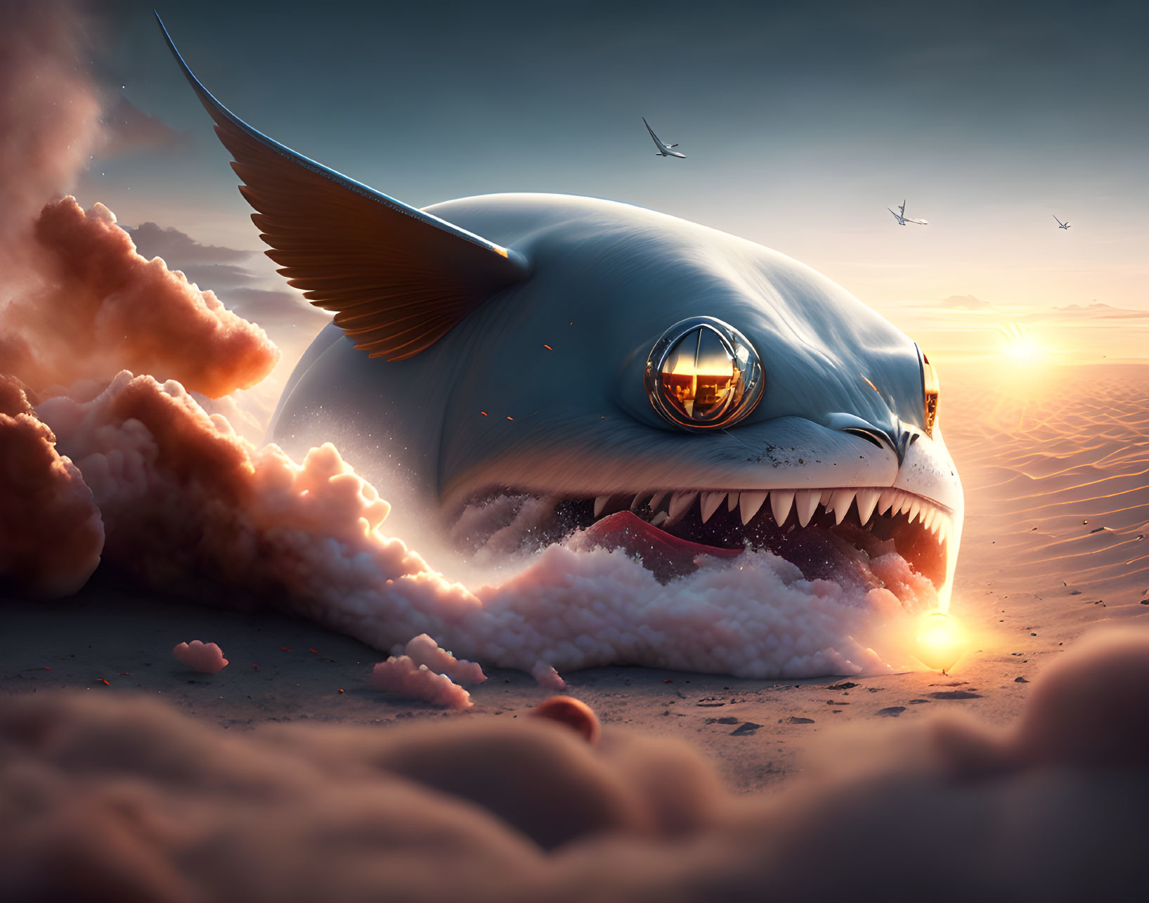 Surreal shark with wings flying over cloud-covered landscape at sunset