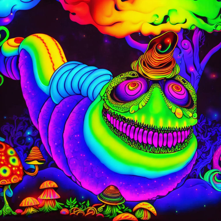 Colorful Psychedelic Illustration: Grinning Creature with Spiral Horn & Neon Clouds