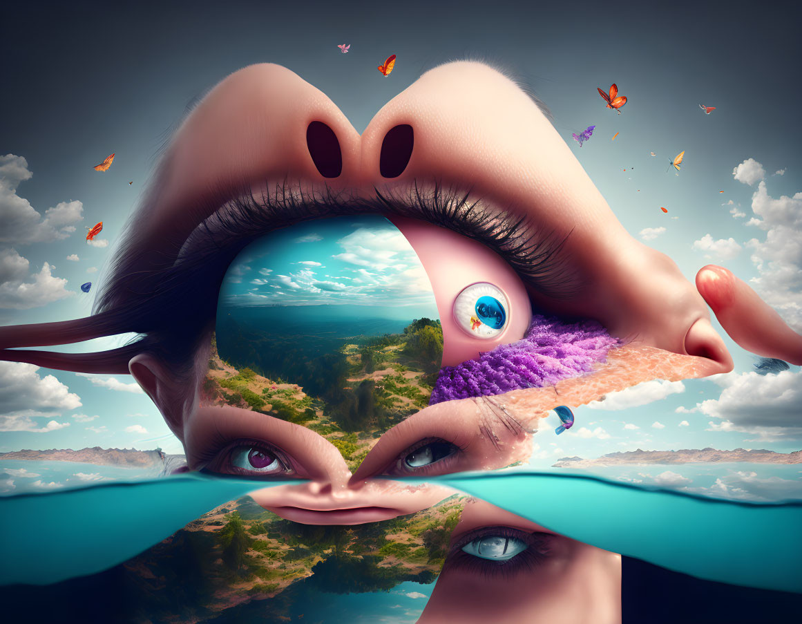 Surreal portrait with hands shaping face and landscape eyes.