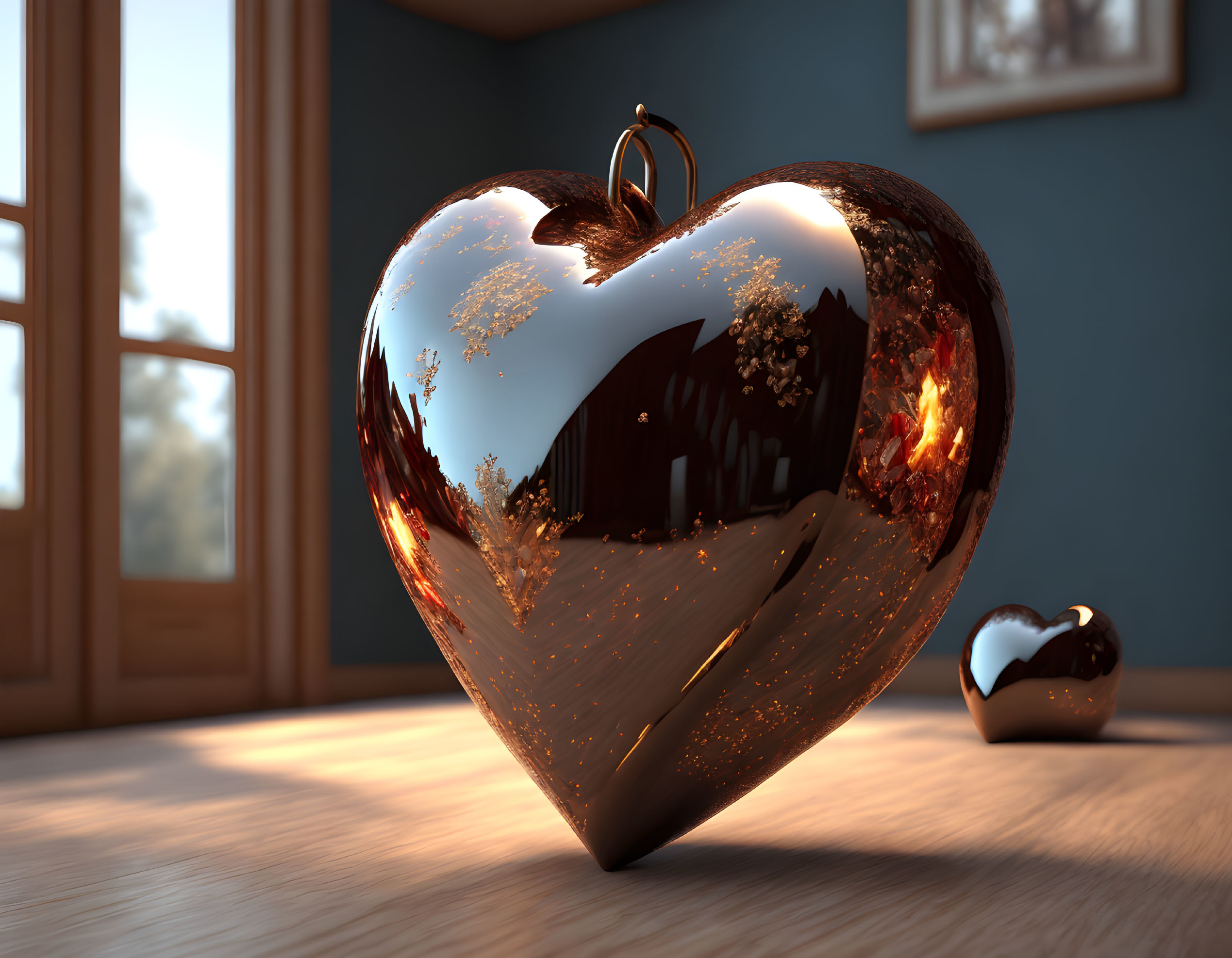 Heart-shaped ornament reflects snowy landscape and warm interior light on wooden surface