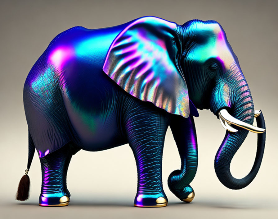 Vibrant digital artwork of an elephant with luminous blue and purple skin texture