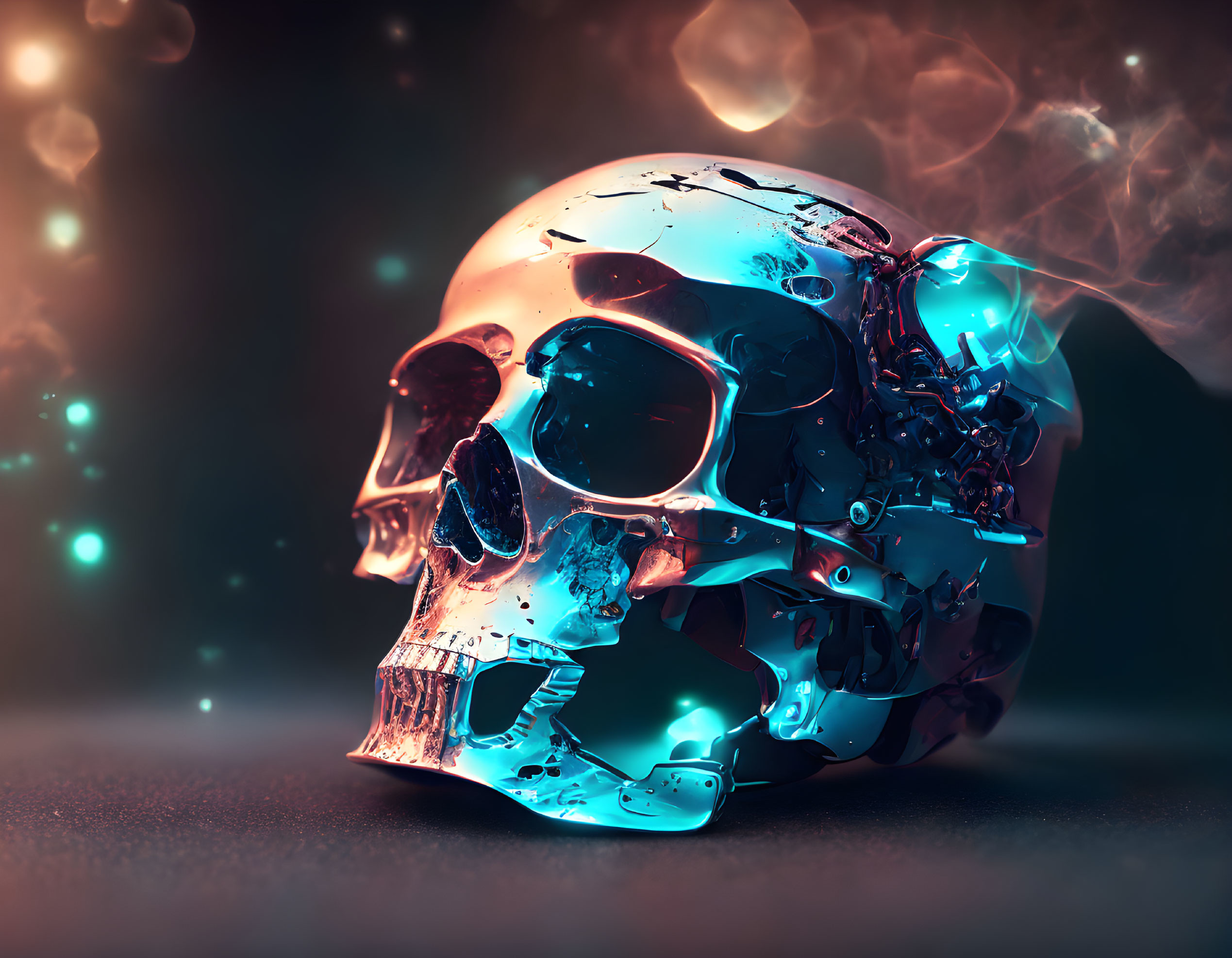 Glossy metallic skull emitting blue and purple smoke on dark background