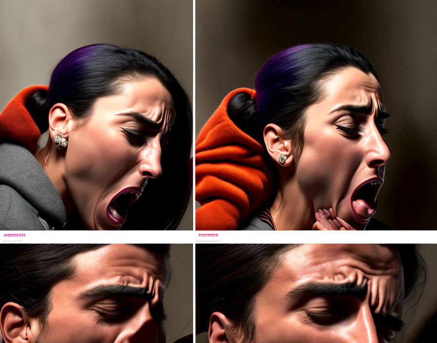 Stylized digital portraits: Woman shocked and angry, man thoughtful and surprised