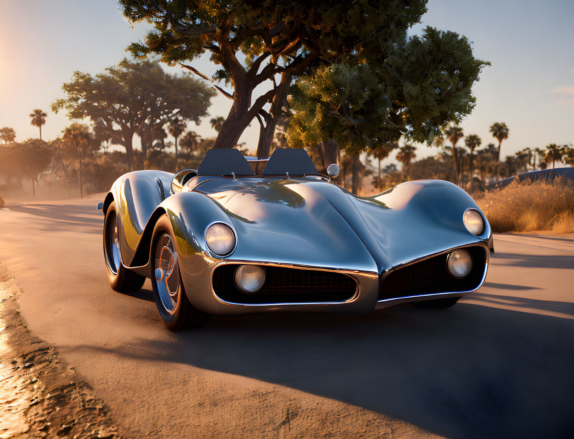 Vintage Silver Sports Car Driving on Scenic Road with Blue Accents