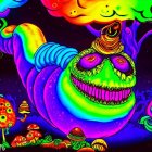 Colorful Psychedelic Illustration: Grinning Creature with Spiral Horn & Neon Clouds