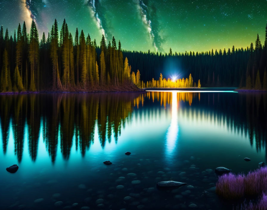 Tranquil night landscape with starry sky, lake, forest, and distant light