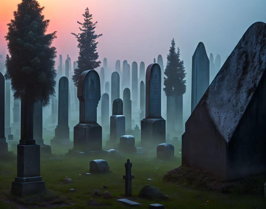 Misty Cemetery at Dusk with Silhouetted Tombstones