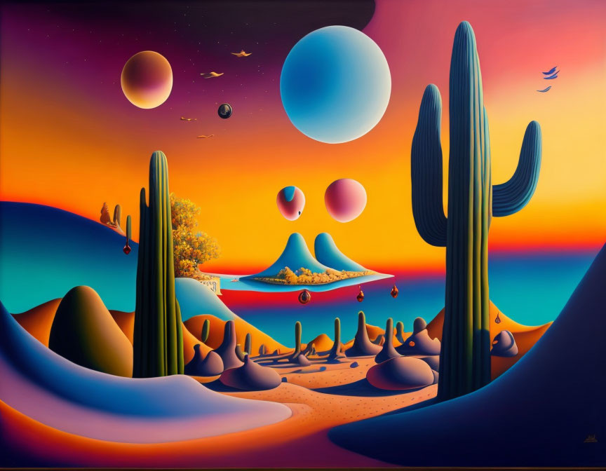 Colorful Surrealist Landscape with Cacti, Tree, Birds, and Planets