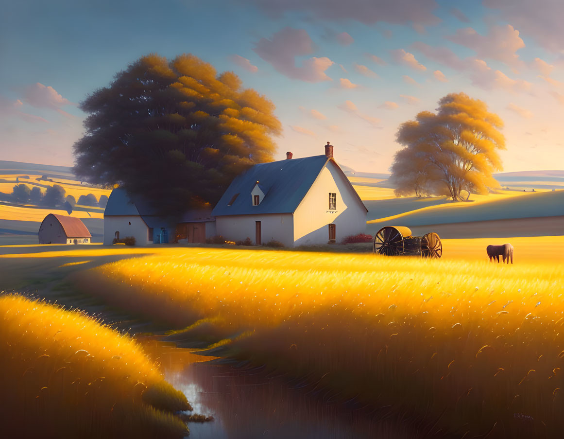 Tranquil rural sunset scene with white house, barn, horses grazing, and golden fields