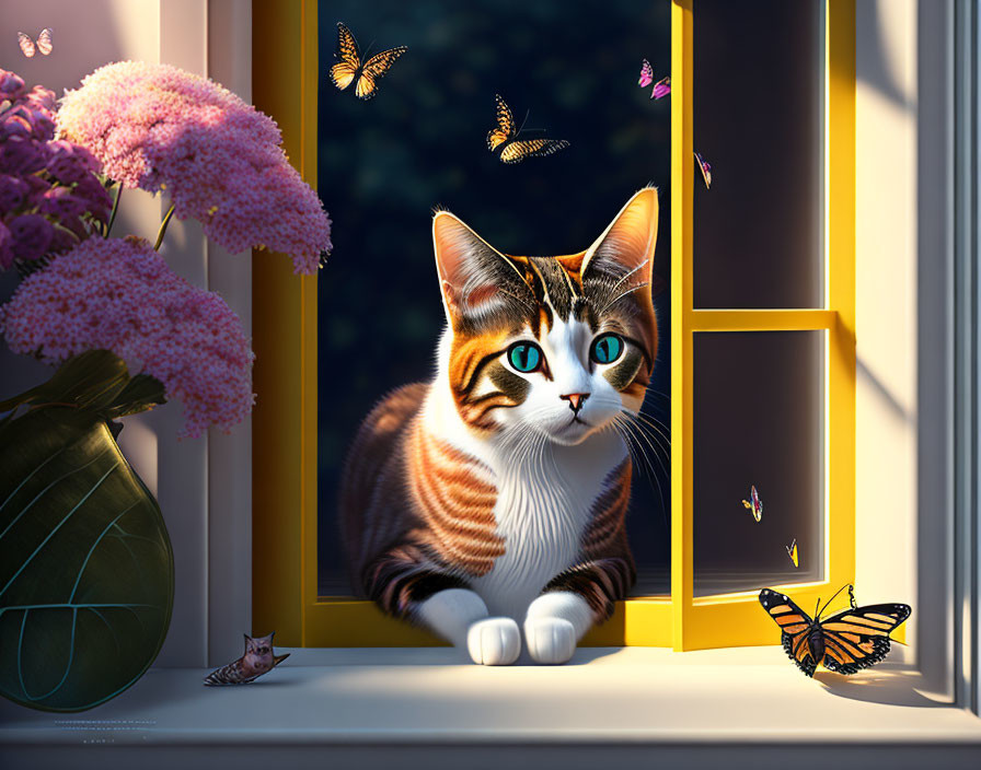 Blue-green-eyed cat lounging by sunlit windowsill with pink flowers and butterflies.