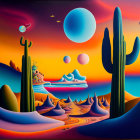 Colorful Surrealist Landscape with Cacti, Tree, Birds, and Planets