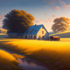 Tranquil rural sunset scene with white house, barn, horses grazing, and golden fields