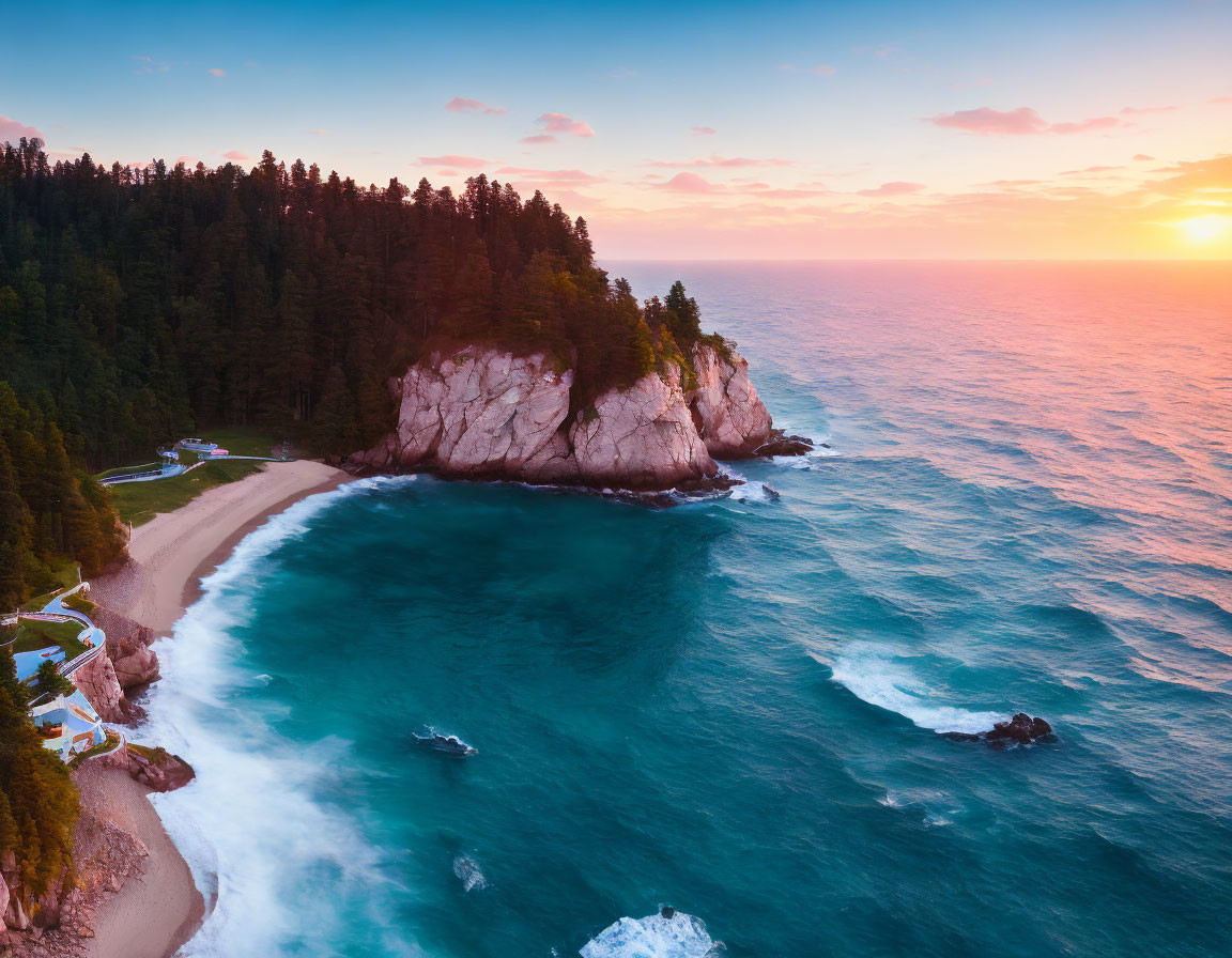 Coastal Cliff with Pine Trees, Beach, Turquoise Waters at Sunset