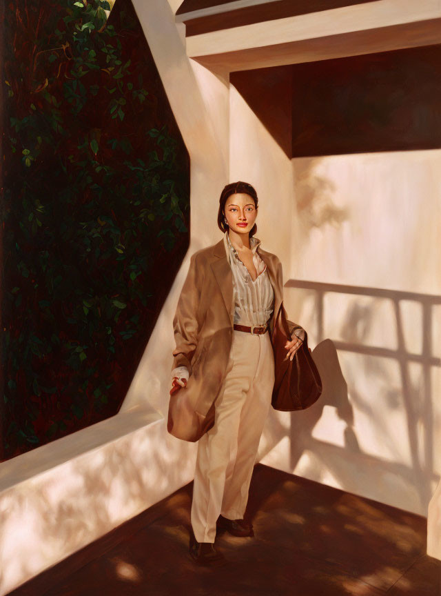 Elegantly dressed person in beige pants holding a bag in sunlit space