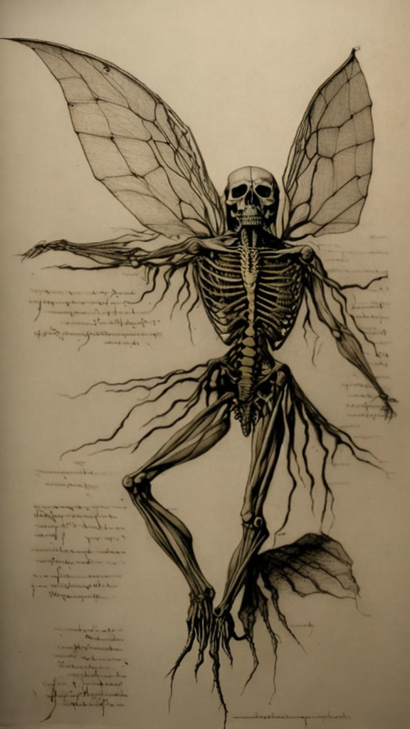 Skeleton with bat-like wings and skull surrounded by handwritten text