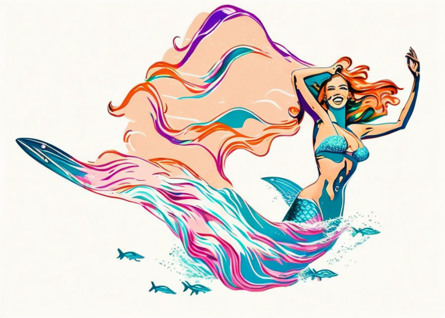 Colorful Mermaid Leaping from Water with Fish