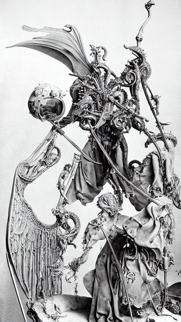 Monochrome image of intricate bird-like sculpture with swirling forms and humanoid figures.