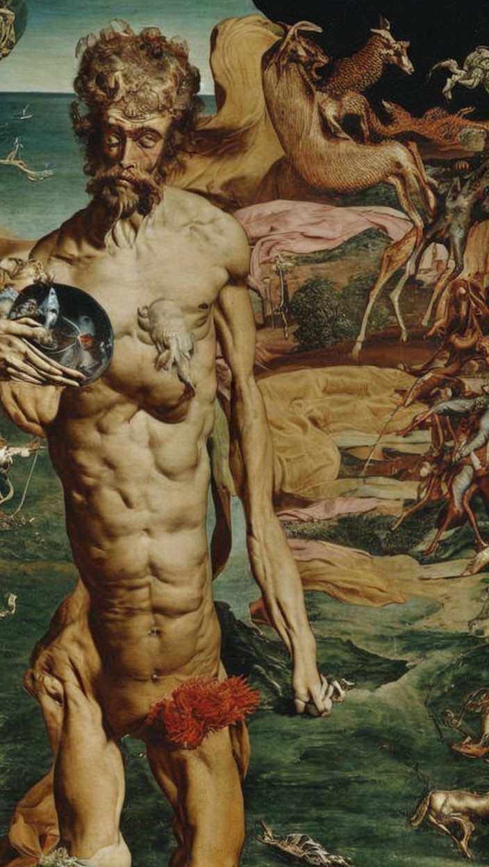 Muscular man with bowl surrounded by fantastical creatures and humans