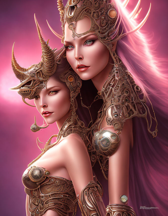 Two women in golden armor with horned helmets on pink background