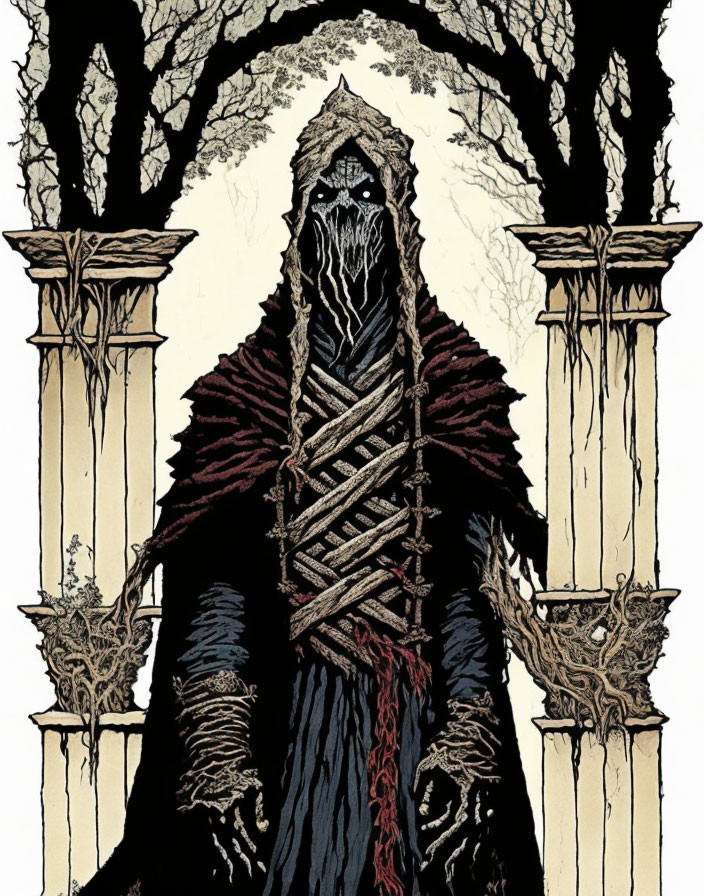 Hooded figure with twig-like bindings between ornate pillars and twisted trees