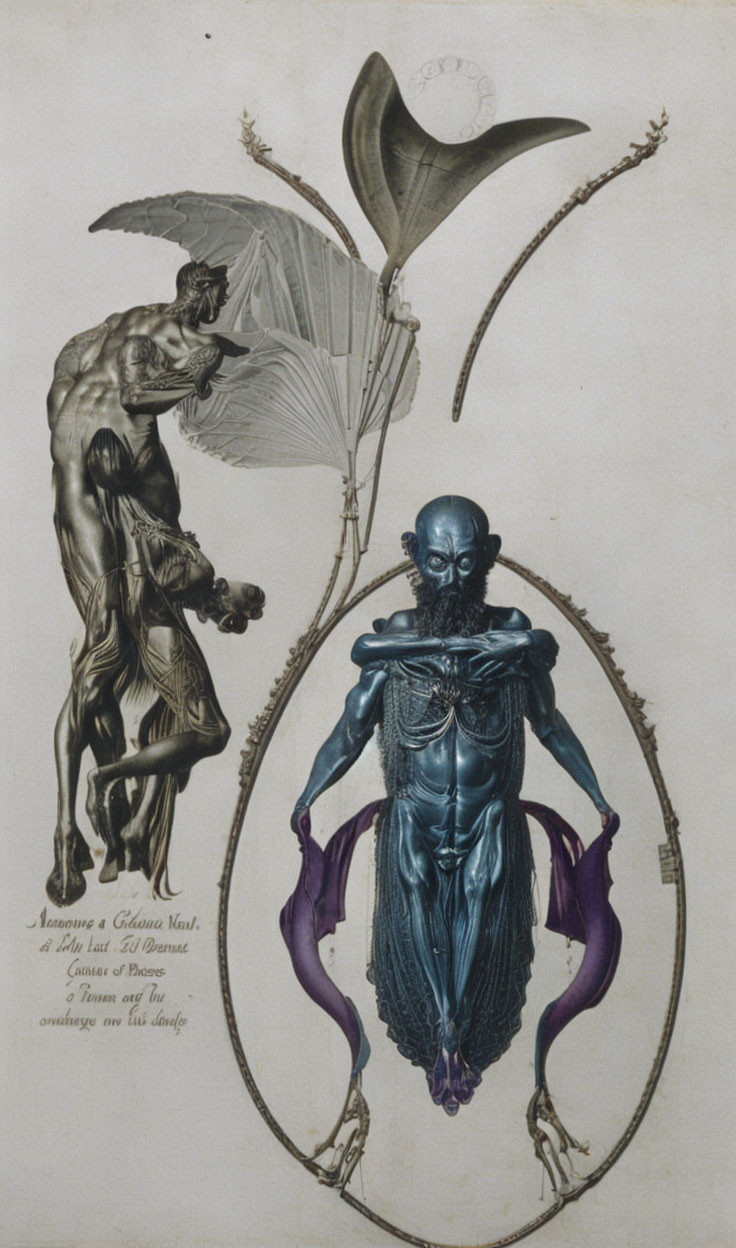 Anatomical illustration of two figures with exposed musculature and skeletal system, one with bat-like