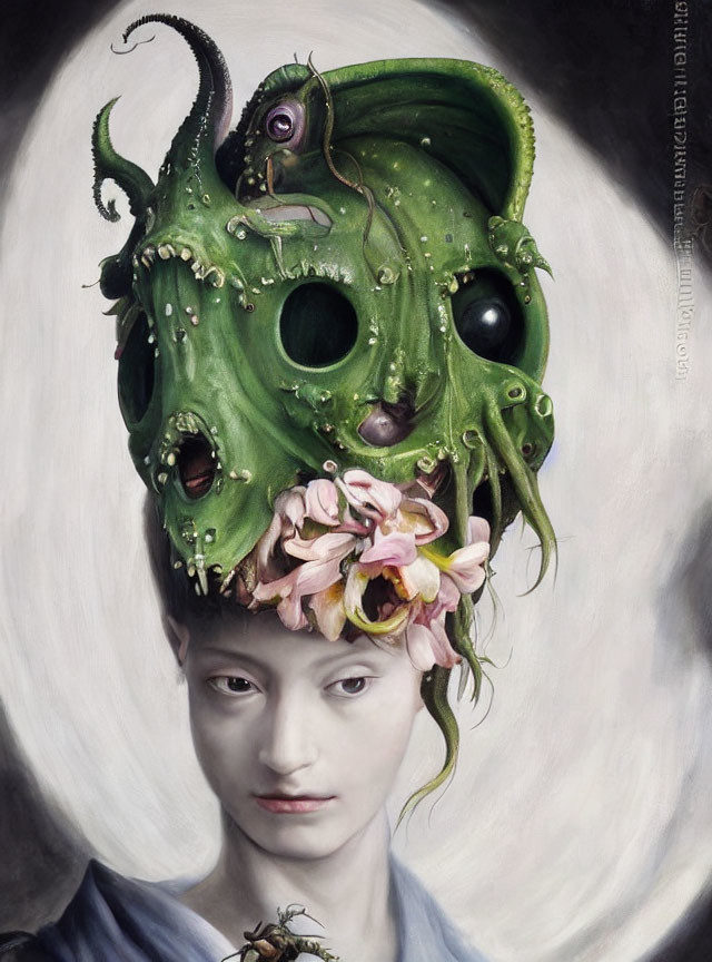 Surreal portrait featuring person with green tentacled creature and flowers