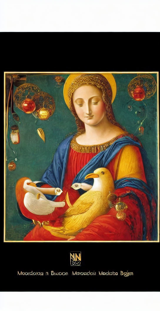 Classical painting of serene woman with halo holding white bird in red and blue robes on golden background