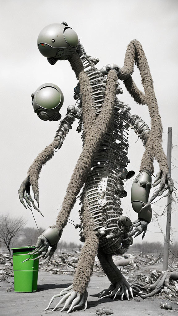 Tall robotic figure in fuzzy material near green bin