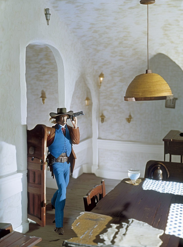 Cowboy figure in hat and blue pants in vintage room with scattered papers.