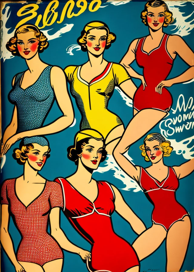 Colorful Vintage Poster: 1940s Swimwear Illustrations of Five Women