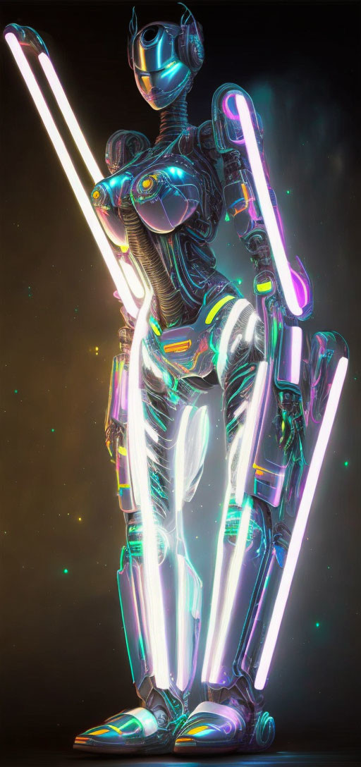 Female form robot with neon lights and glowing blades in starry backdrop