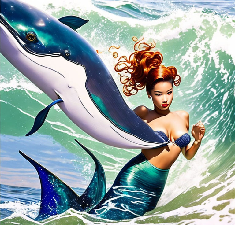 Red-haired mermaid and blue-tailed dolphin in turbulent sea.