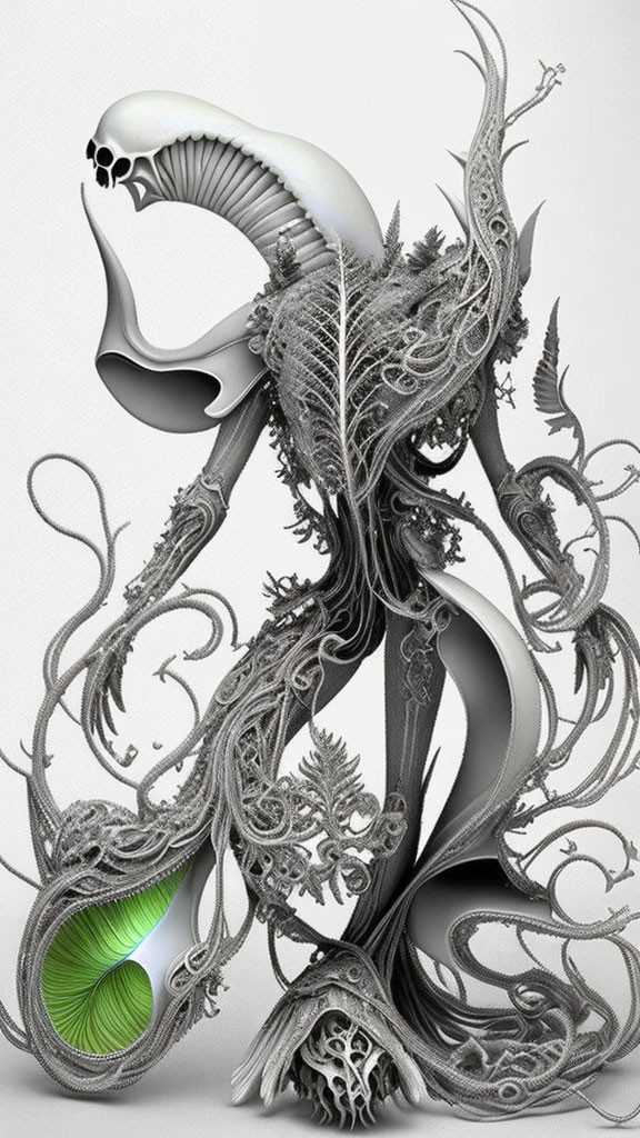 Abstract grayscale digital artwork: ornate patterns form creature with peacock feather eye