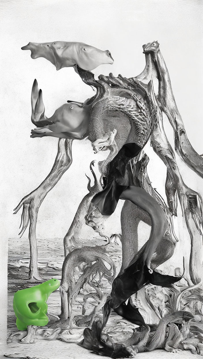 Surreal black and white artwork: contorted humanoid, dolphin silhouettes, tree-like structures