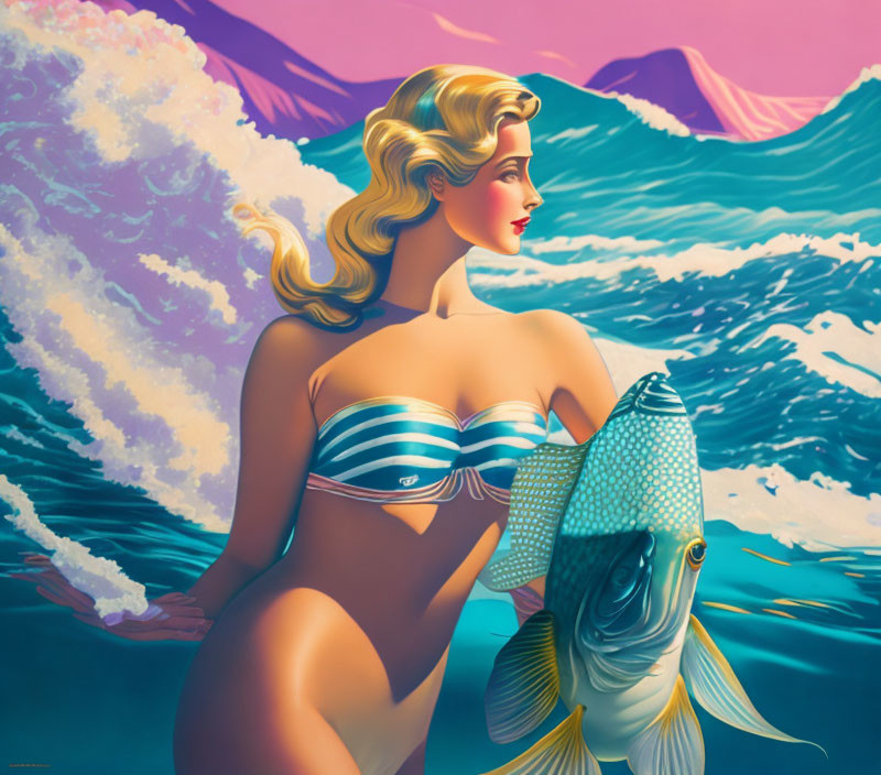 Illustration: Woman in striped bikini holding fish with ocean waves and mountain.