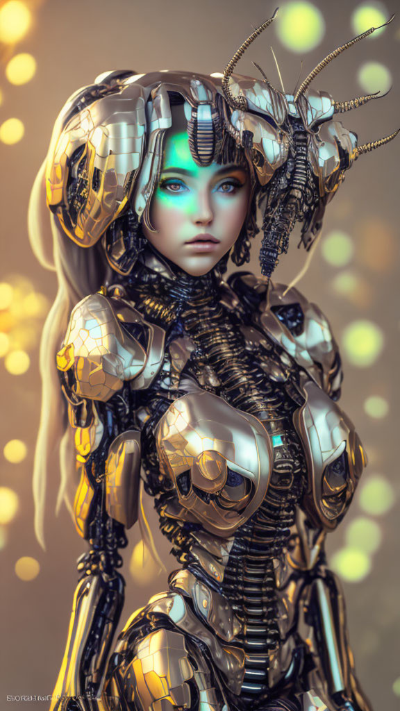 Futuristic female android in golden armor with insect antennae headdress and glowing blue eyes amid sparkling