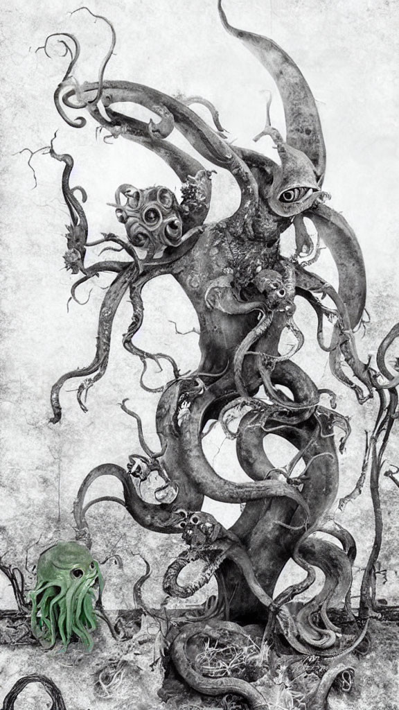 Fantastical monochrome tree with octopus-like branches and eyes, next to small green creature