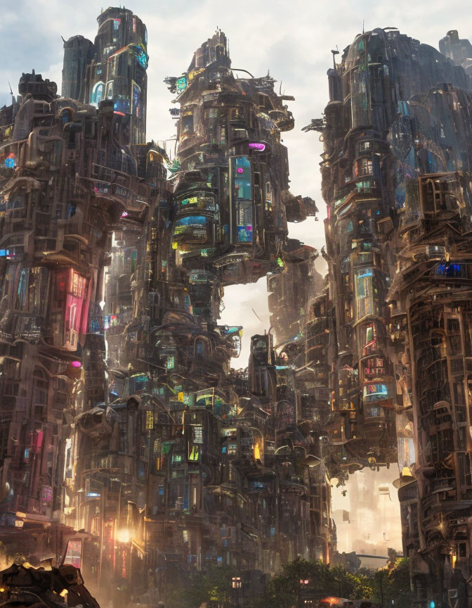 Futuristic cityscape with towering buildings and sunlight illuminating advanced technology and urban decay.