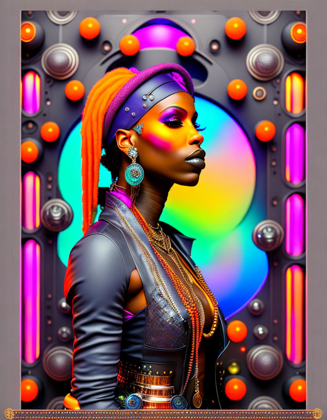 Vibrant digital portrait: Woman with orange dreadlocks and bold makeup in futuristic neon-lit setting